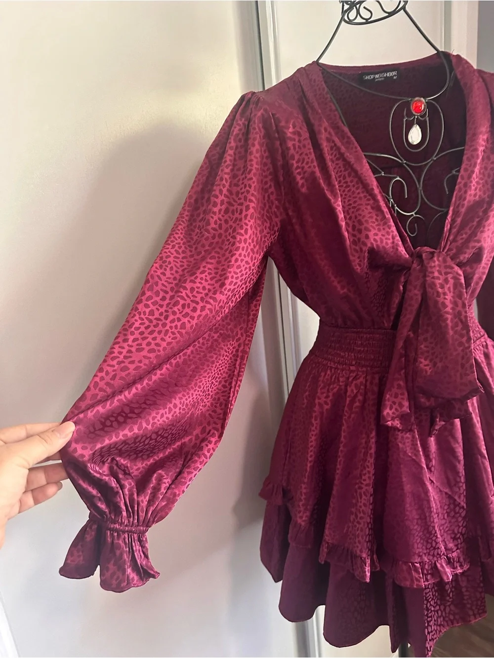 Tie-Front Ruffled Mini Dress in Deep Wine - Picture 4 of 6